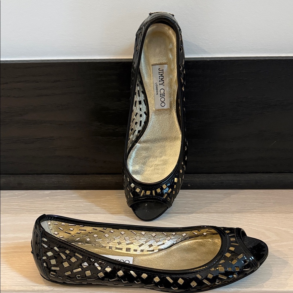 Jimmy Choo Black Laser-Cut Peep-Toe Flats